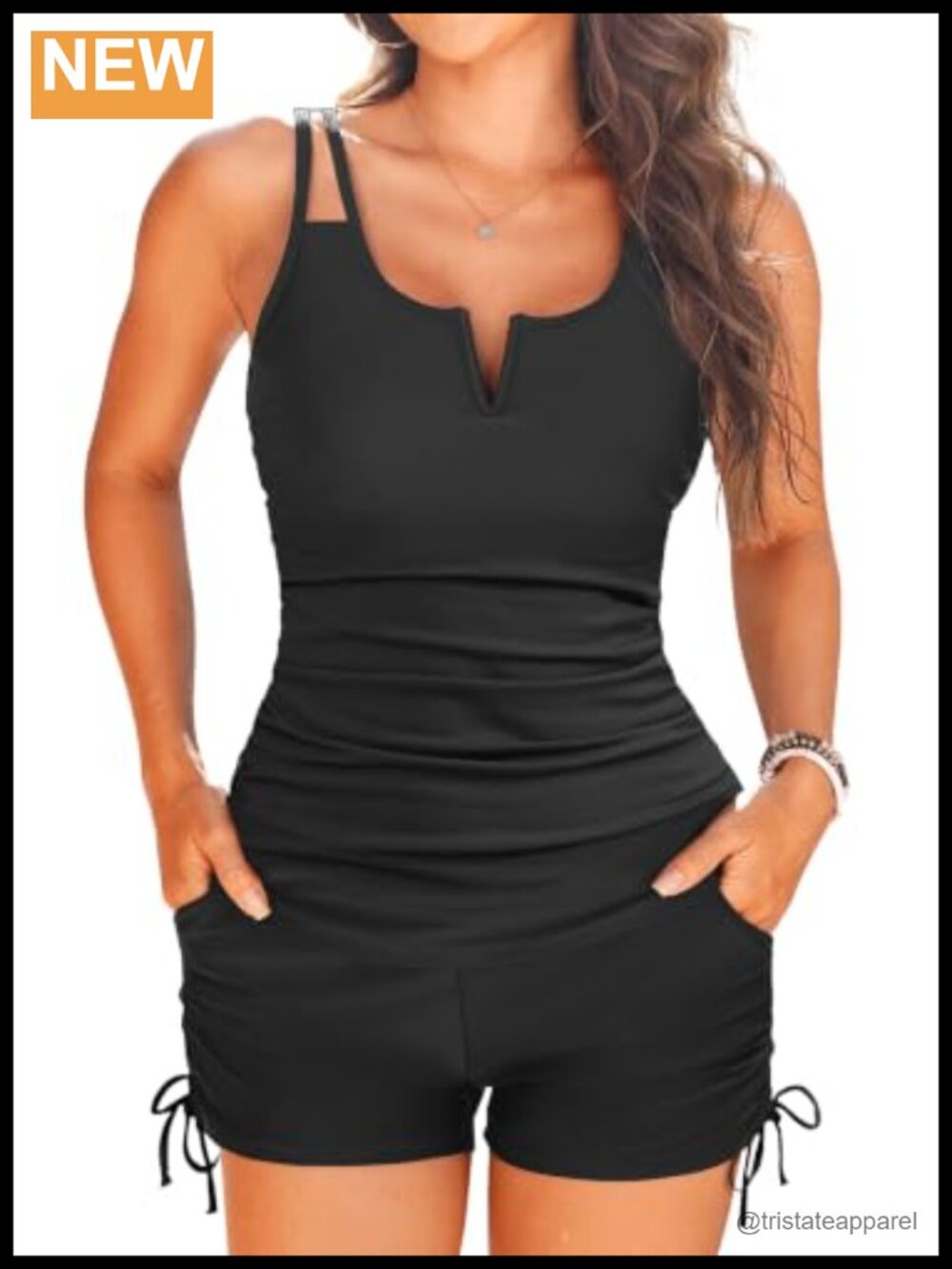 Women's Tankini Set with Shorts Tummy Control V-Wire Drawstring Nylon Blend